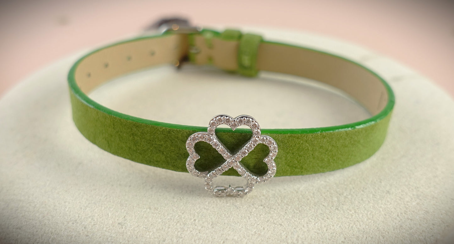 Bigli Armband Leder Kleeblatt 750 Weißgold Brillanten 0,38ct. grün Ref. 23A13
