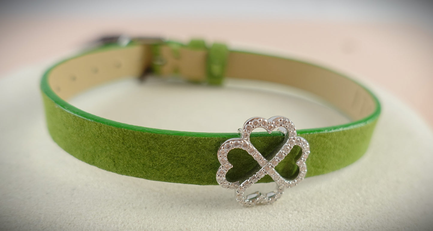 Bigli Armband Leder Kleeblatt 750 Weißgold Brillanten 0,38ct. grün Ref. 23A13