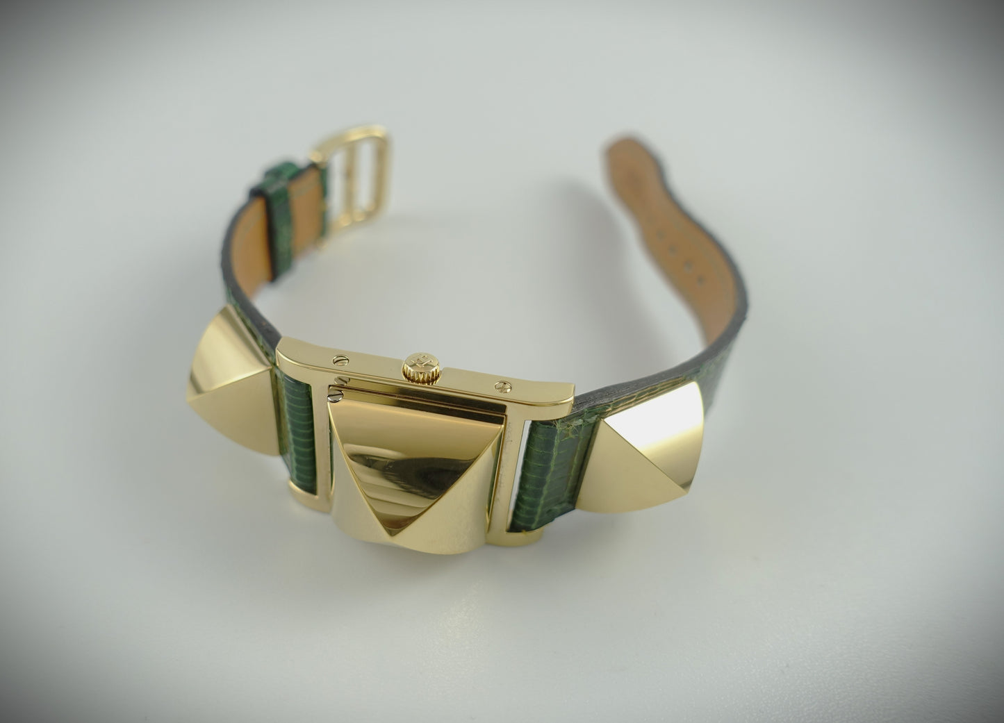 Hermès Medor Quarzuhr aufklappbar vergoldet Lederarmband grün ME1.201 BF572344
