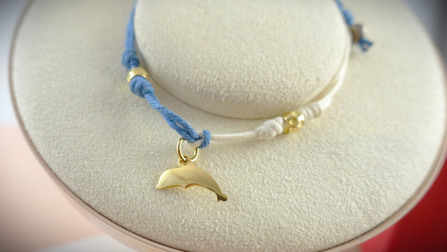Dodo Kordel-Armband weiß blau Delphin 750 Gelbgold