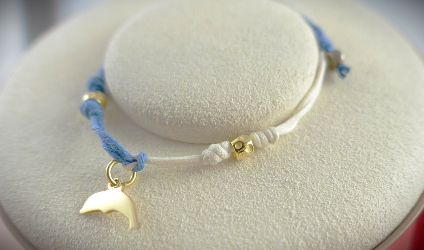 Dodo Kordel-Armband weiß blau Delphin 750 Gelbgold