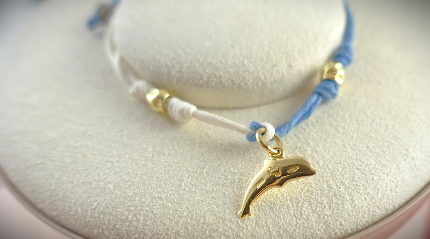 Dodo Kordel-Armband weiß blau Delphin 750 Gelbgold